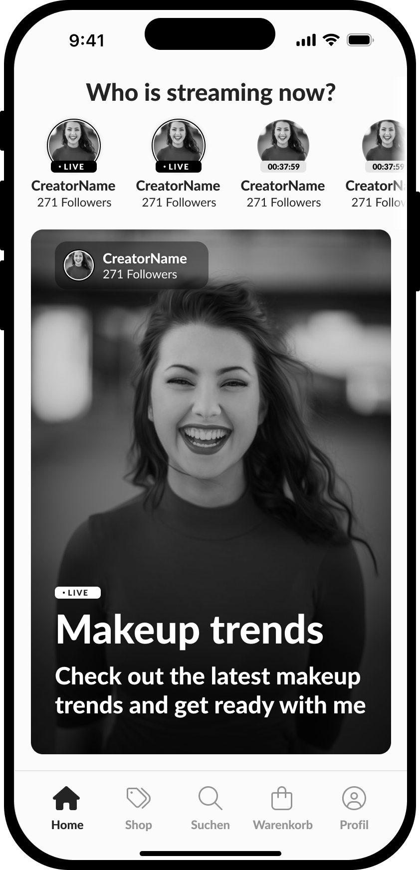 HELLO homepage, version 1: live and upcoming streams shown as a row of thumbnails
