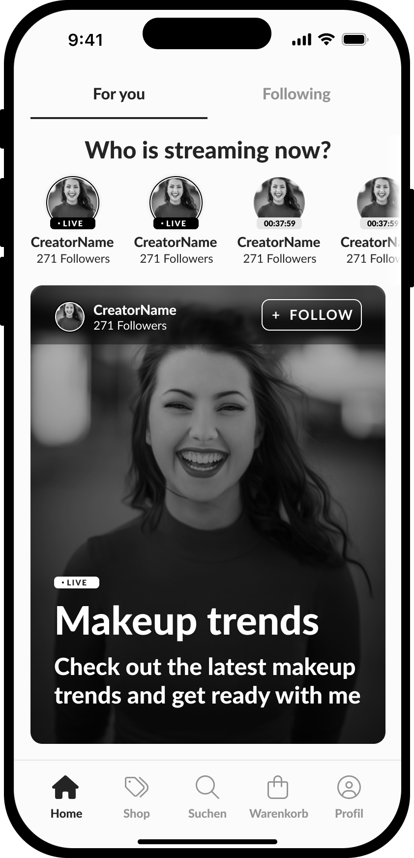 HELLO homepage, version 2: For You and Following tabs, with a follow-a-streamer feature