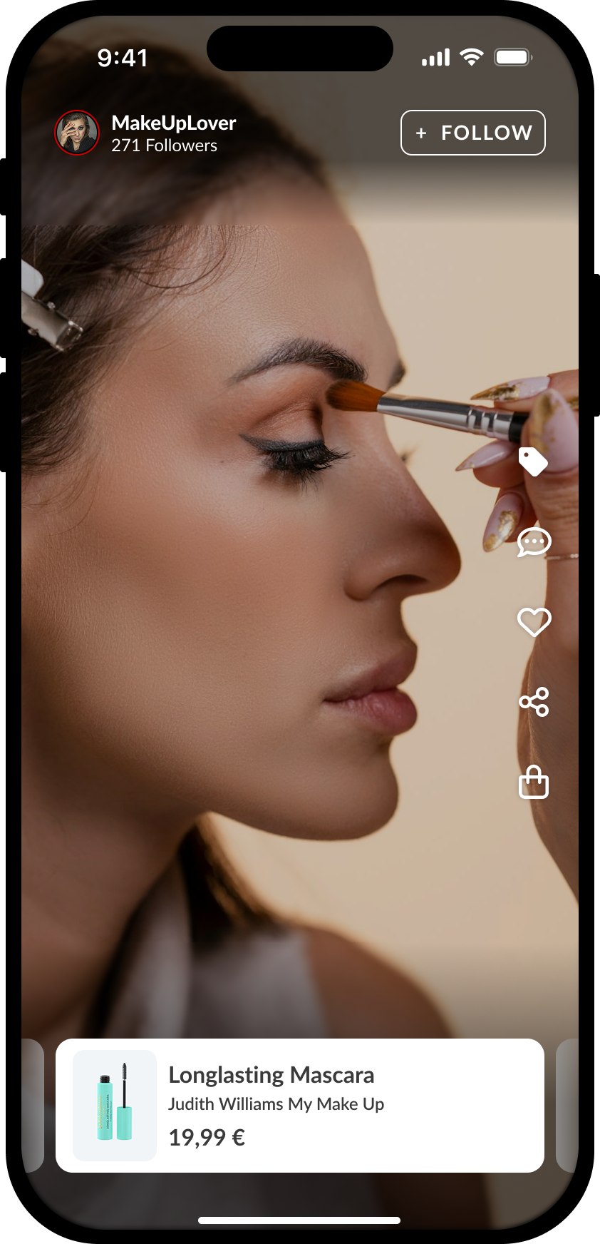 The custom HELLO livestream player: follow button top right, a tappable product tag, and a shoppable product card anchored to the stream